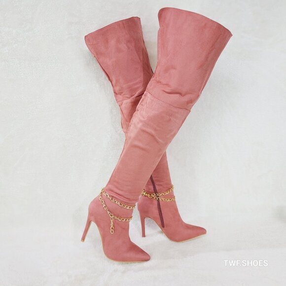Bad Girlz Dusty Rose Blush Pink Faux Suede Wide Top Thigh High Boots Chain - Picture 5 of 14